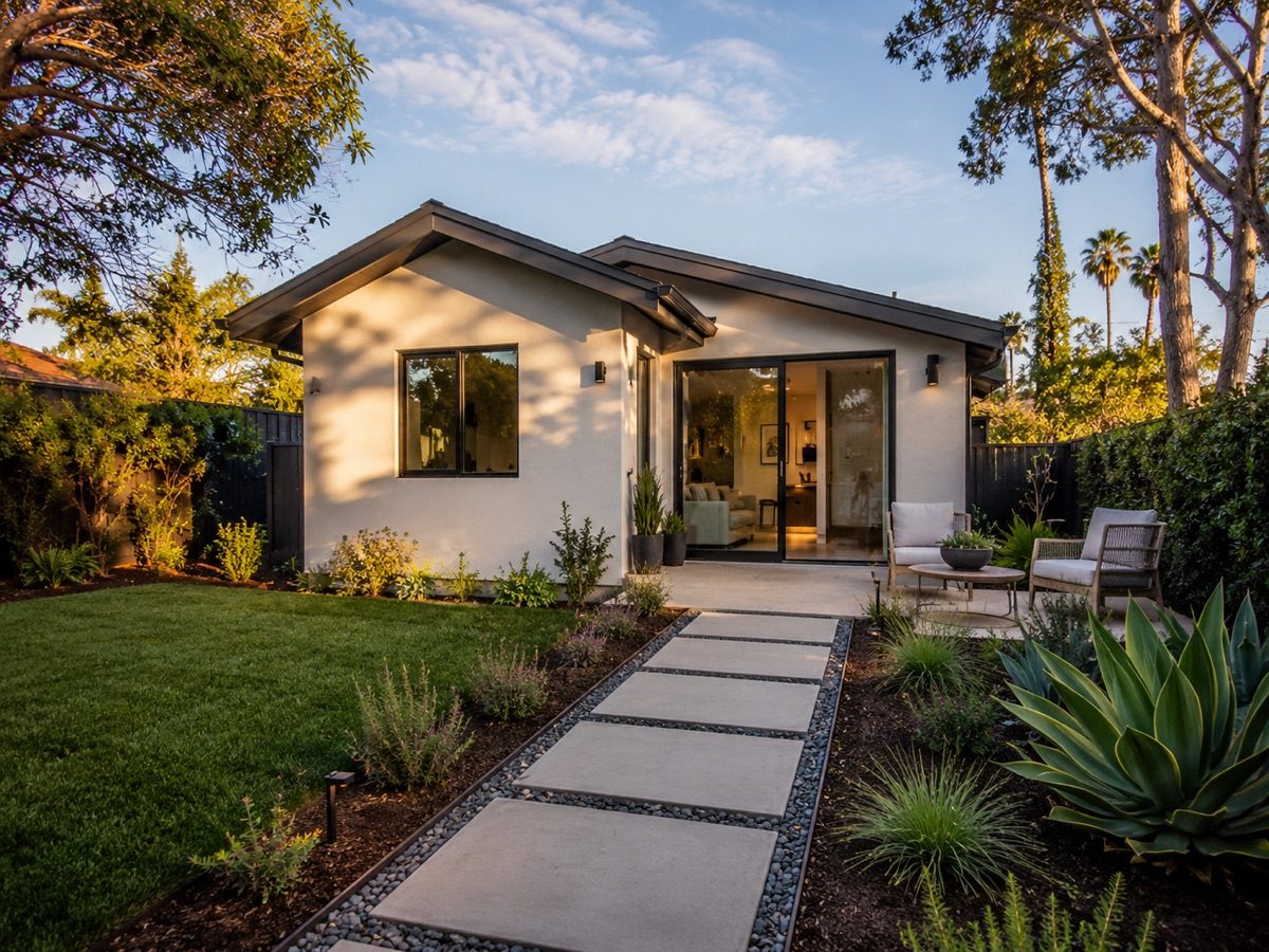 Example detached ADU with a backyard patio, standing separate from the main home