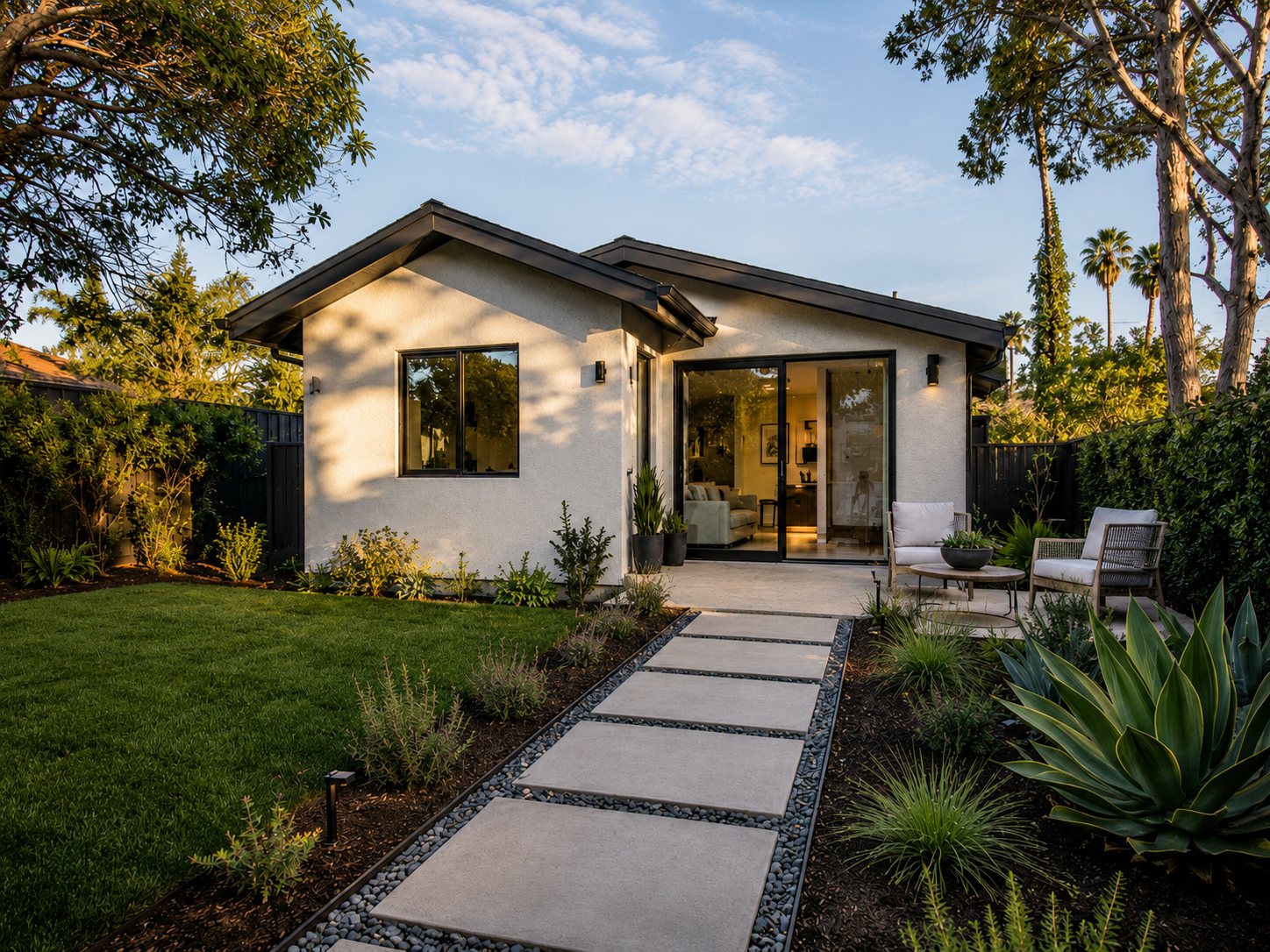 Example detached ADU: a standalone white backyard cottage with black-framed sliding glass doors, a paver walkway, and a landscaped yard at golden hour