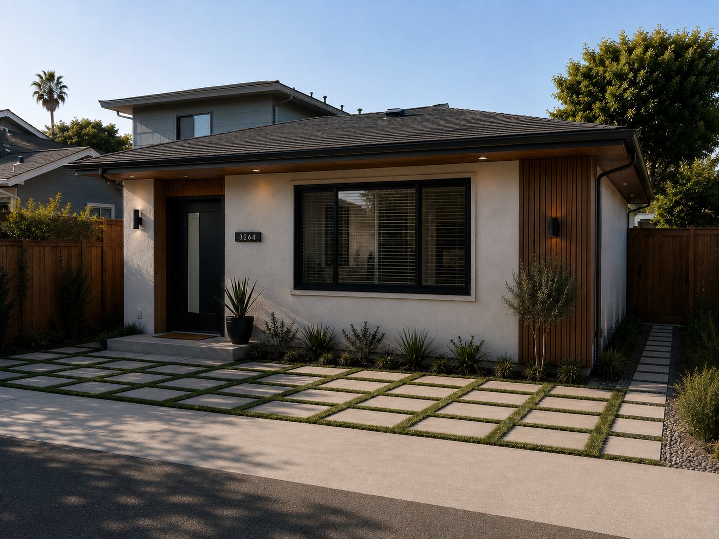 Example garage conversion ADU: a former garage converted into a living unit with a picture window, private entrance, and wood-slat accent facade